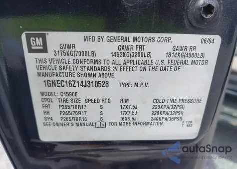 2004 Chevrolet Suburban 1500 Ls из США, поврежденный, VIN 1GNEC16Z14J310528